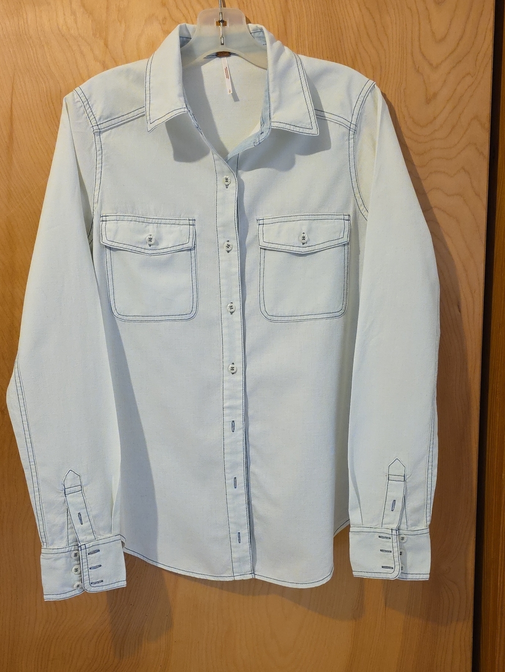 Free People Jean Shirt W/Emboidered Blue Gold Copper Stars On Back W/ Paisley